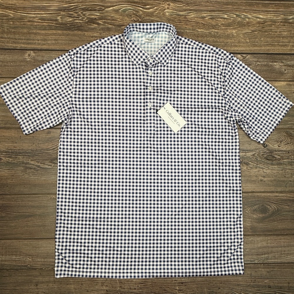 Collars & Co Men 3XL Polo Shirt Navy White Gingham Dress Collar Performance NEW - Picture 4 of 9